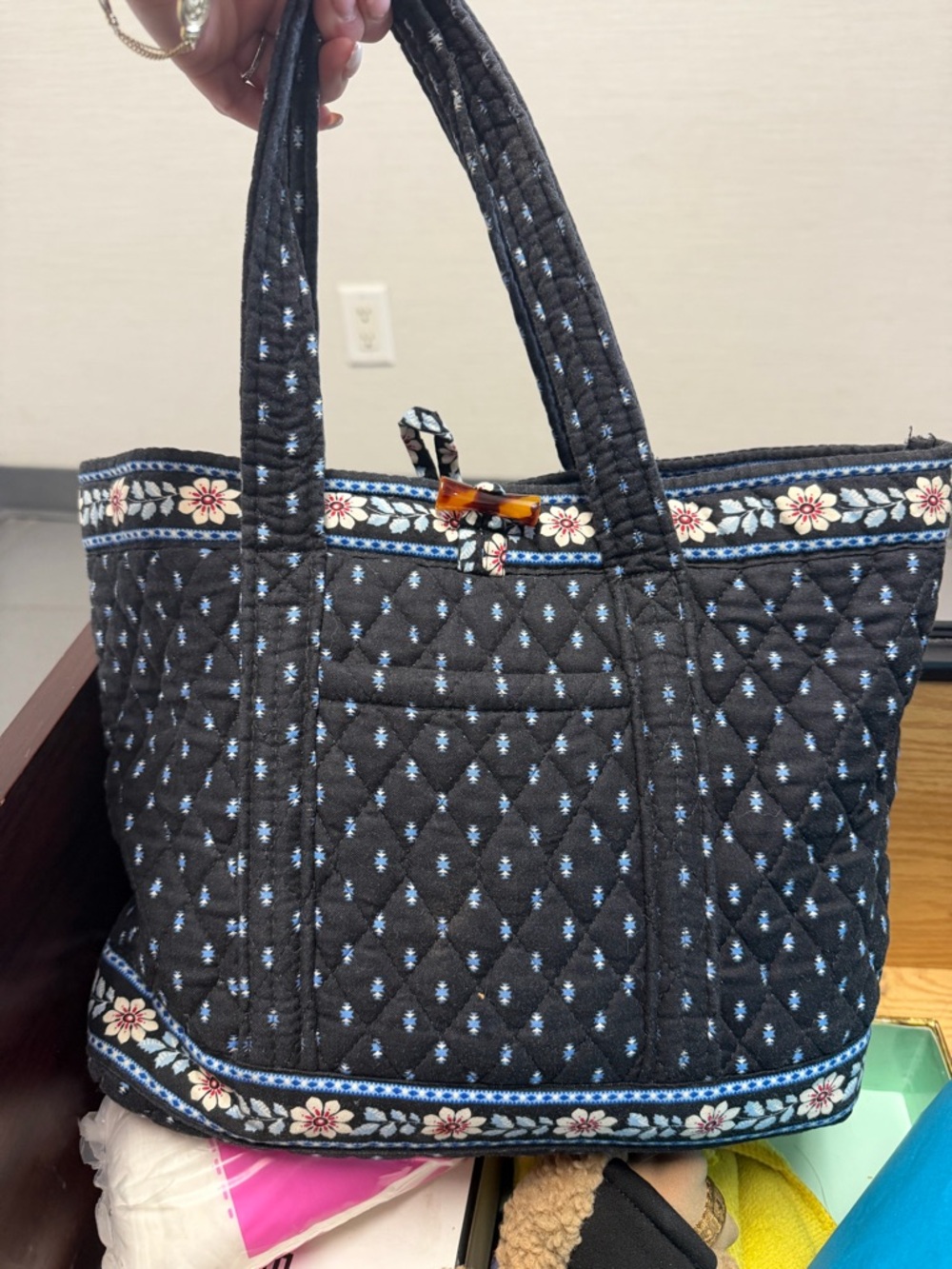 Vera Bradley Black Quilted Tote with Blue & Cream Floral Trim